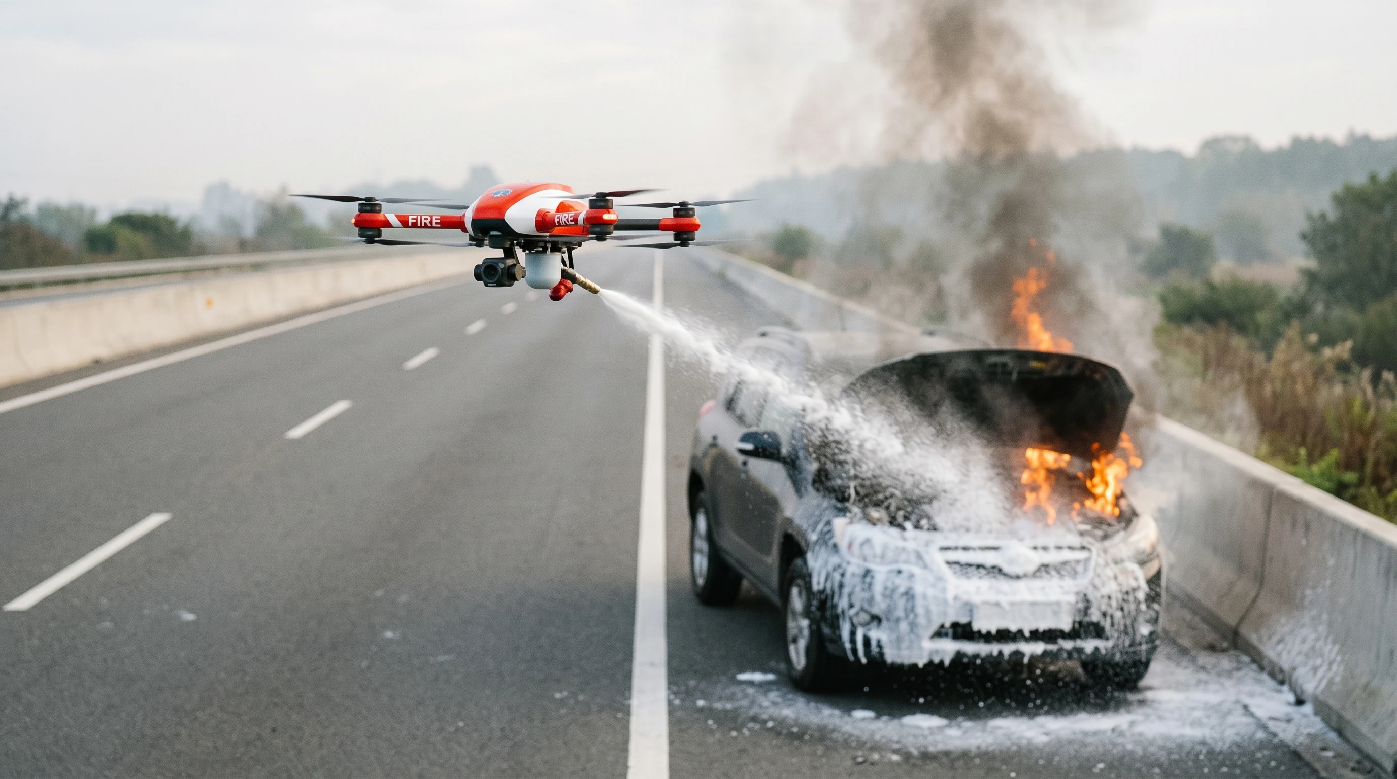 Illustration of a firefighting drone spraying a burning car