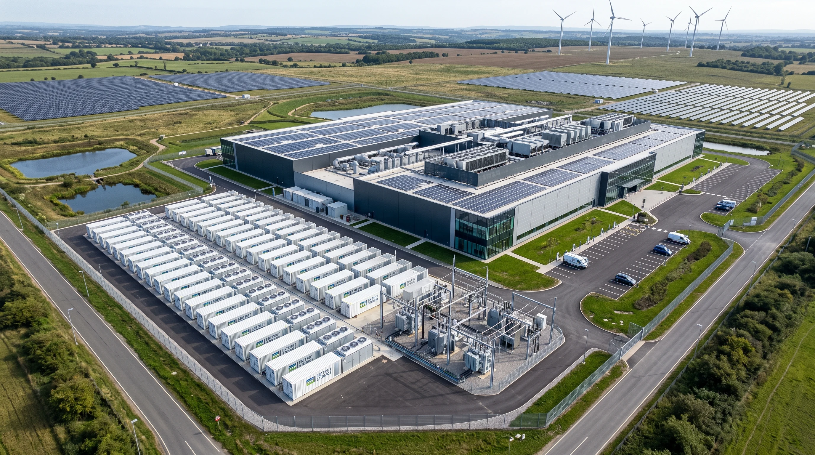 Energy storage units beside a facility surrounded by solar panels and wind turbines